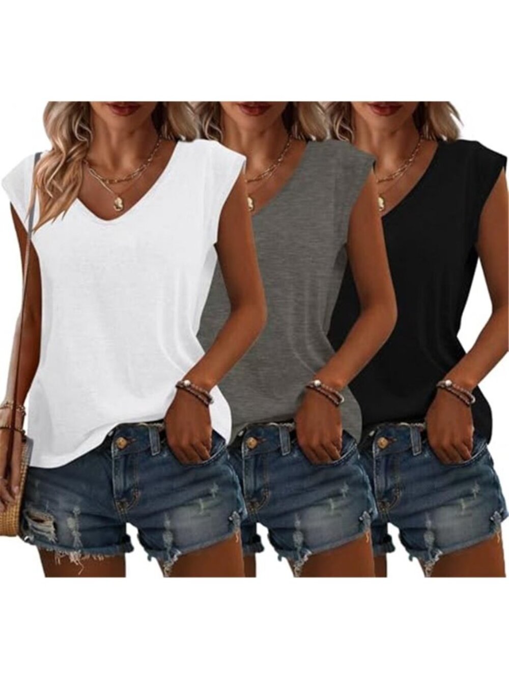 3 Pack Womens V Neck T Shirts Cap Sleeve Loose Fit Summer Casual Workout Tops
